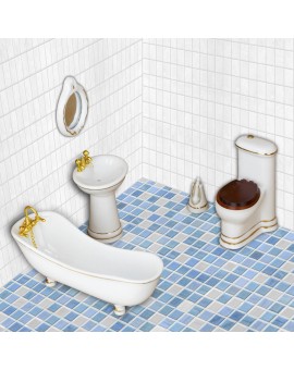 Dollhouse Bathroom Set- 1:12 Scaled Ceramic Bathroom Set with Dollhouse Toilet, Dollhouse Mirror, and Dollhouse Bathtub